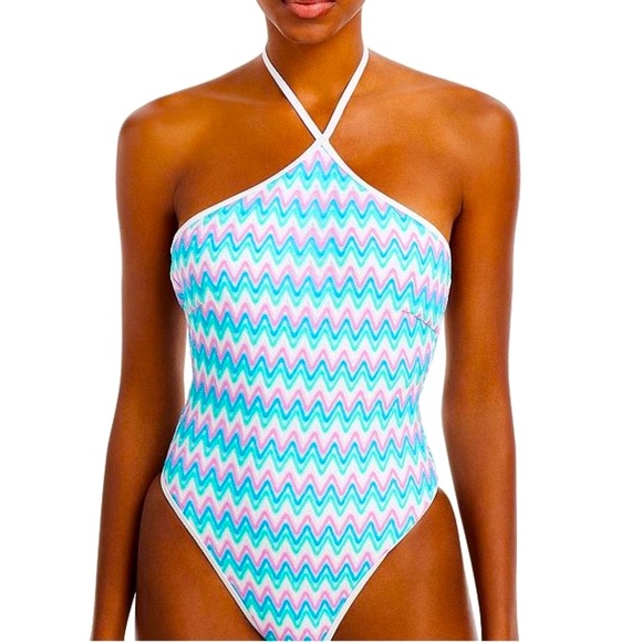 New L*SPACE Maribella Halter Lg Blue Pink Ombre Chevron High Leg 1-Pc Maillot - Picture 1 of 16